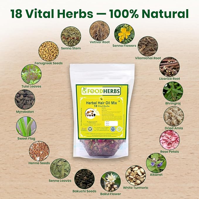 Foodherbs Premium Herbal Hair Oil Mix with 18 Ayurvedic Herbs for Natural Growth | 2x Long Hair | Strong Roots | Fuller Volume | Shiny Healthy Strands | DIY Oil Infusion | Hair Care | Thanks Giving