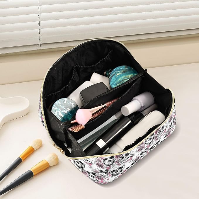 MNSRUU Makeup Organizer Bag, Travel Makeup Bags, Pink Floral Cosmetic Case, Large Capacity, Scratch Resistant, Lightweight