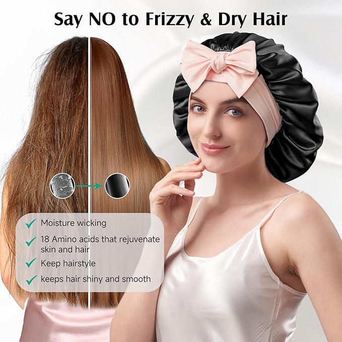 YFONG 100% 22 Momme Mulberry Silk Bonnet for Sleeping Women, Larger Double Layer Silk Hair Wrap for Curly Short Long Hair, Non-Slip Sleep Cap Turban with Elastic Tie Band (Pink & Black)