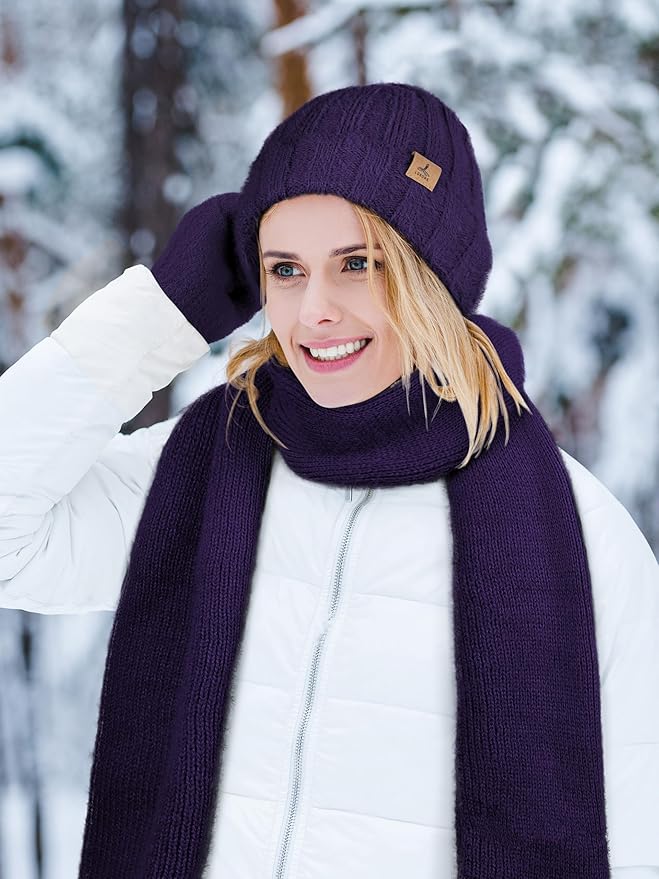 Winter Beanie Hat Scarf Gloves, Warm Fleece Knit Hat Long Scarf Neck Warmer Touch Screen Winter Gloves Set Gifts for Women