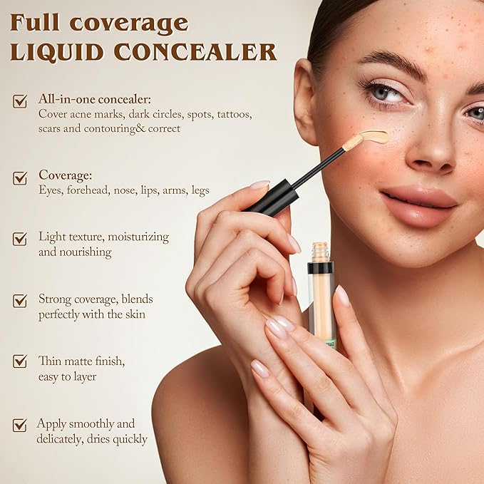 Full Coverage Liquid Concealer, Foundation Makeup for Older Women, Covers Blemishes & Under-Eye Circles, Spots, Matte Finish, Hydrating Primer for Correct, 0.06 fl oz, Vegan & Cruelty-Free 10#Deep