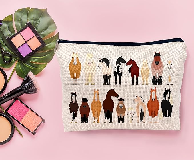 Cartoon Various Breeds Of Horses Group Makeup Bag Cosmetic Bag Zipper Pouch Toiletry Bags,Gifts For Horse Lovers Women Girls Horse Riders