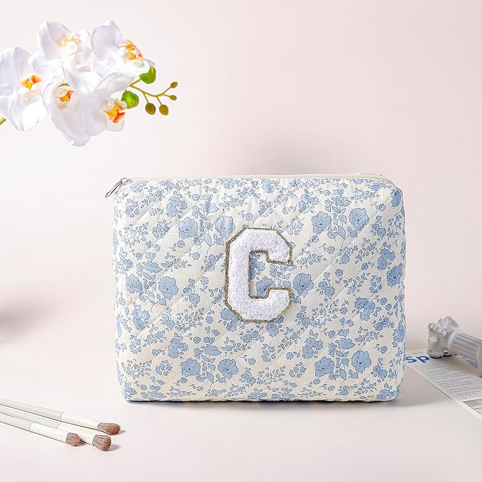 JOVAKIT Alphabet Makeup Bag Cosmetic Bag for Women, Christmas Gifts for Girls Age 6-18, Floral Flowers Coquette Travel Toiletry Zipper Make Up Pouch Organizer Trendy Stuff (2Pcs Blue Floral C)