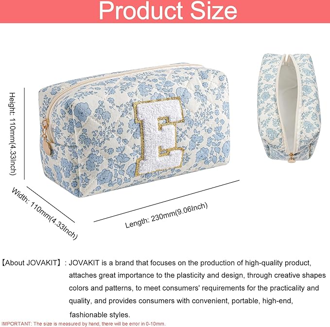 JOVAKIT Alphabet Makeup Bag Cosmetic Bag for Women, Christmas Gifts for Girls Age 6-18, Floral Flowers Coquette Travel Toiletry Zipper Make Up Pouch Organizer Trendy Stuff (Blue Floral E)