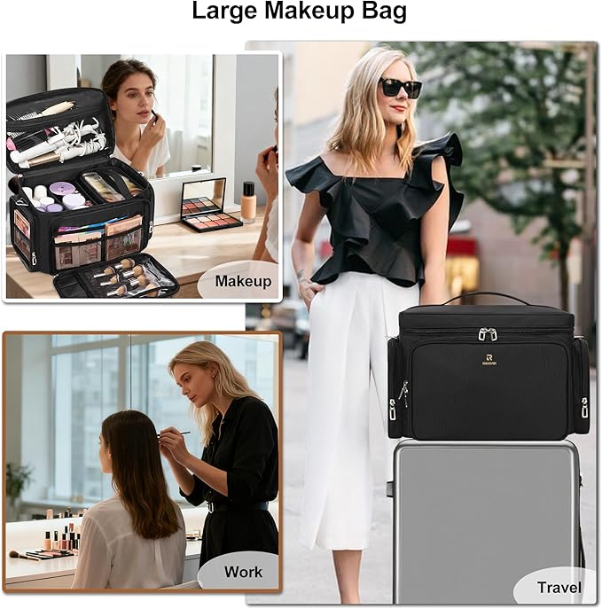 TANTO Travel Makeup Bag, Portable Large Makeup Organizer Bag Makeup Artist Bags Big Cosmetic Travel Bag with 2 Pouches & Detachable Dividers, Toiletry Bag for Cosmetic and Toiletries, Hair Supplies