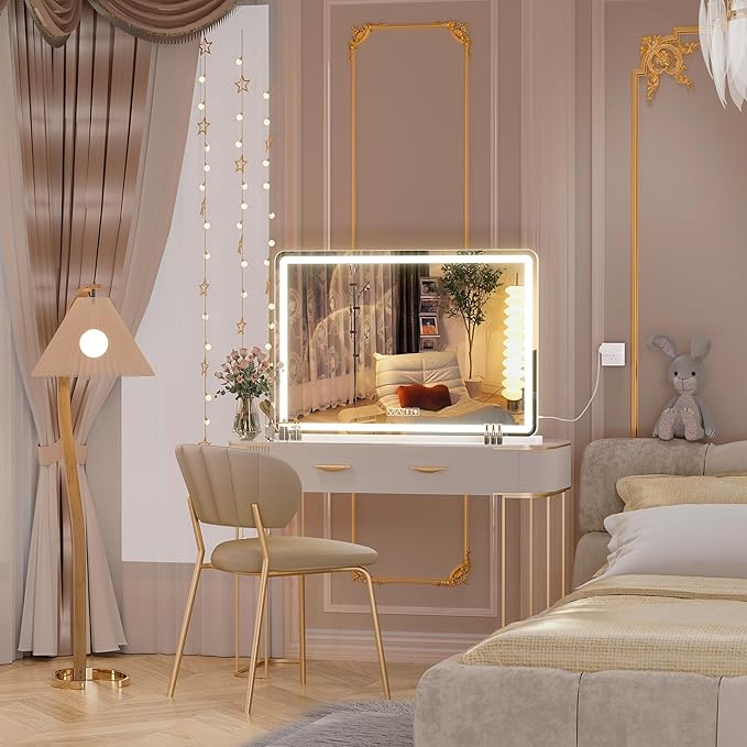 Hasipu Vanity Mirror with Lights and Bluetooth Speaker, 37.4" x 25.6" LED Makeup Mirror, Lighted Makeup Mirror with Dimmable 3 Modes, Touch Screen Control Vanity Mirror Round White