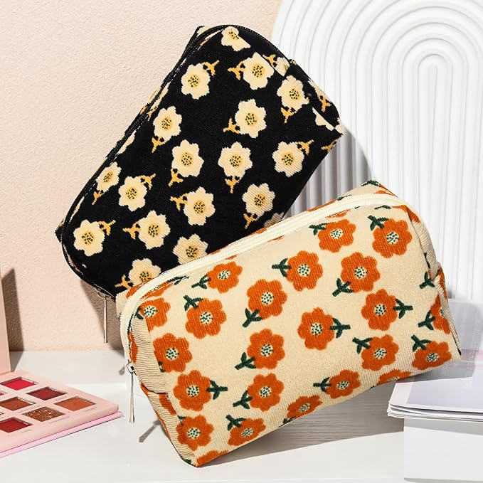 SOIDRAM 2 Pieces Makeup Bag Floral Cosmetic Bag Purple Blue Makeup Pouch Travel Toiletry Bag Organizer Cute Makeup Brushes Storage Bag for Women