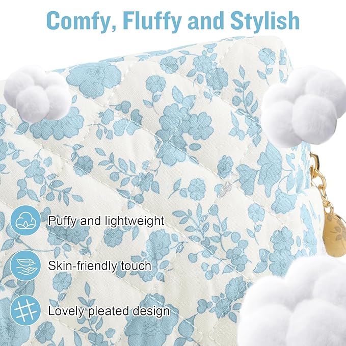 Personalized Quilted Cosmetic Bag, Puffy Monogrammed Christmas Birthday Gifts for Women & Girls, Cute initial Floral Makeup Bag Puffer Coquette Bag, Aesthetic Travel Toiletry Zipper Pouch(Blue,F)
