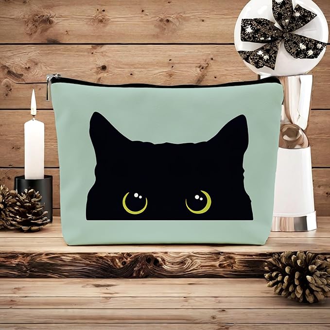 Black Cat Makeup Bag – Cute Cosmetic Pouch Travel Toiletry Bag, Zipper Organizer for Women Girls, Multifunction Cat Lover Gift Purse (Greener Pu Leather)