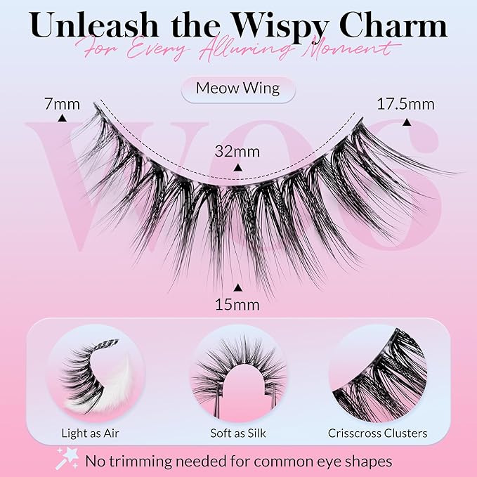 Bepholan False Eyelashes 7 Pairs Strip Eye Lash Natural Look Wispy Lashes Reusable Thin Clear Band & Soft Fake Lashes（W06）