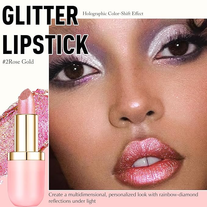 Glitter Lipstick Makeup, Rose Gold Holographic Metallic Lip Stick Long Lasting Lightweight Non-Sticky Hydrating Lip Tinted Full Coverage Sparkling Chameleon Lipstick for Women