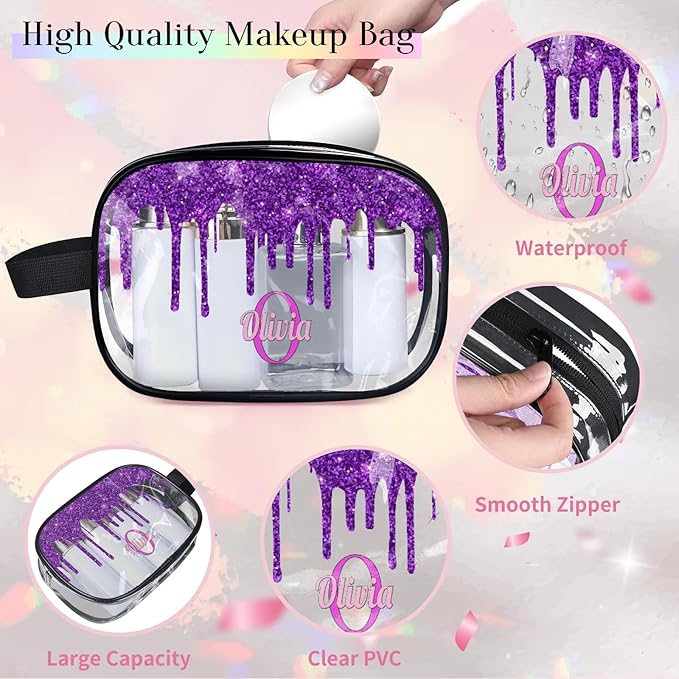 Personalized Transparent Makeup Bag with Name, Travel Clear Cosmetic Bag for Women, Friends, Mother's Day, Bridesmaid, Bride, Wedding, Graduation, Deep Purple Sequins Fluid Shape