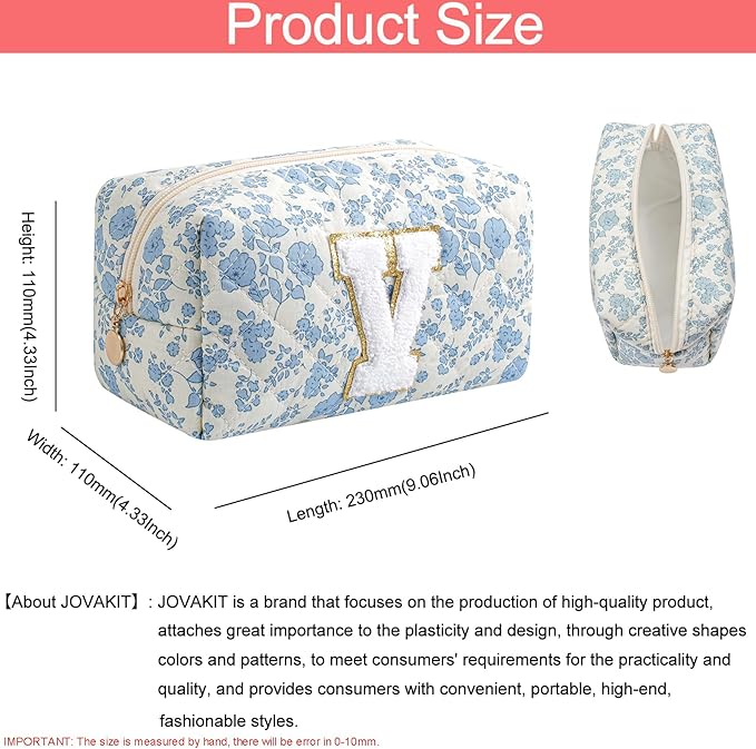 JOVAKIT Alphabet Makeup Bag Cosmetic Bag for Women, Christmas Gifts for Girls Age 6-18, Floral Flowers Coquette Travel Toiletry Zipper Make Up Pouch Organizer Trendy Stuff (Blue Floral V)