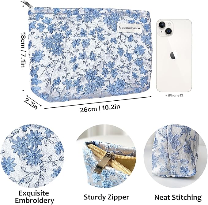 STARDW Aesthetic Floral Makeup Bag Cute Small Cosmetic Bags for Women Girls, Travel Toiletry Bag Large Capacity Zipper Makeup Pouch, Purse Organizer Pouches (Embroidery)
