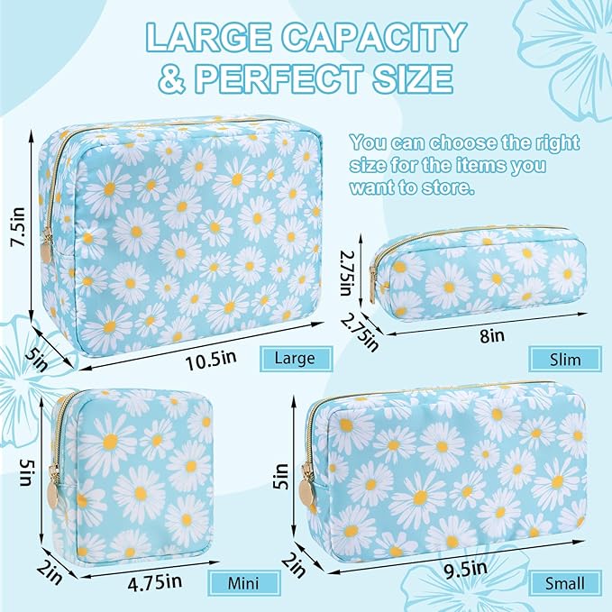 Waterproof Large Floral Makeup Pouch,Nylon Travel Toiletry Storage Purse Preppy Cosmetic Bag for Women Girl,Large Capacity Makeup Organizer Zipper Pouch for Work(L Blue-Daisy)