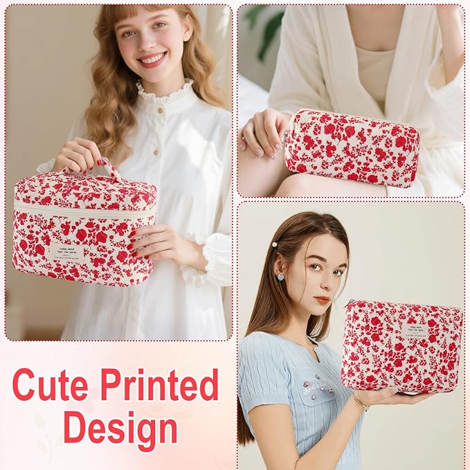 3Pcs Cotton Quilted Makeup Bag for Women Girls Large Small Travel Floral Cosmetic Bag Set Hot Pink Floral Print Zipper Make Up Pouch Aesthetic Cloth Flower Storage Toiletry Bags Organizer