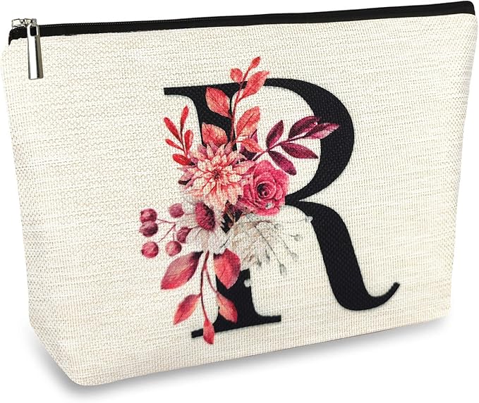 Initial A-Z Personalized Floral Makeup Bag, Monogrammed Birthday Gifts for Women Mom, Mothers Day Christmas Gift Ideas for Best Friend, Bride Bridesmaid, Her, Grandma, Small Travel Cosmetic Bag (R)