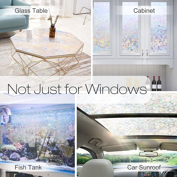 rabbitgoo Window Privacy Film Rainbow Film Decorative Window Sticker, 3D Static Stained Glass Cling Tint for Home Heat Control Non-Adhesive, 17.5 x 157.5 inches