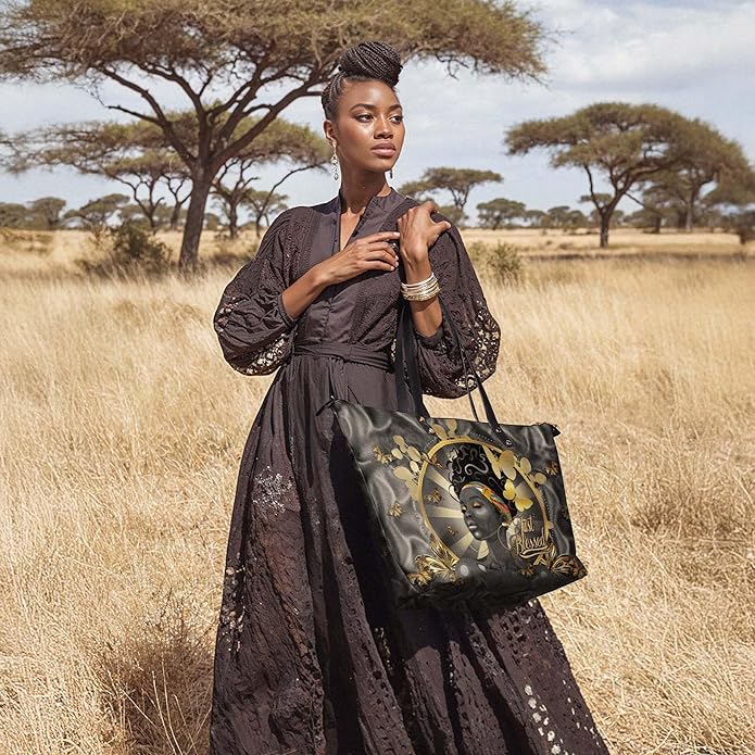 African Black Women's Leather Tote Bag, Large, Premium Vegan Leather, Full Zip, Perfect Christmas Gifts For Women