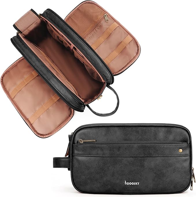 Travel Toiletry Bag for Men, Large Hanging Toiletries Organizer Bags for Women, Cruise Ship Essentials, Water-resistant Shaving Case, PU Leather Makeup Accessories, Cosmetic Dopp Kit, Black