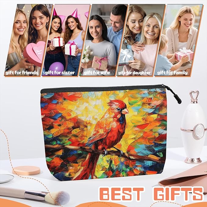 Cosmetic Bags Travel Makeup Toilet Case Waterproof Pouch for Women Girls 6.7X9.45inches - Red Bird Perched on Branch