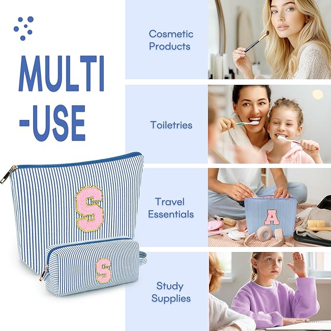mibasies 2 PCS Initial Makeup Bags for Women: - Birthday Gifts for Teen Girls 11 12 13 14 15 16 Years Old - Preppy Trendy Stuff - Cosmetic Bag for Travel Toiletry - Blue S