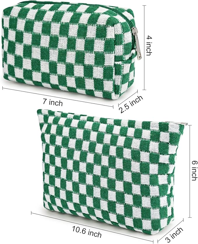 SOIDRAM 2 Pieces Makeup Bag Large Checkered Cosmetic Bag Capacity Canvas Mix Travel Toiletry Bag Organizer Cute Makeup Brushes Aesthetic Accessories Storage Bag for Women, Checkered Mix Green