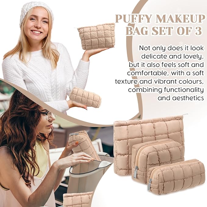3 Pcs Puffy Makeup Bag Quilted Cosmetic Pouch for Women Cute Checkered Travel Toiletry Bag Puffer Makeup Organizer Purse Pouch Preppy Pencil Case with Zipper