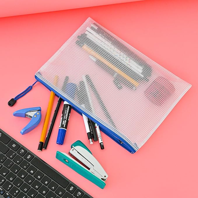 AUSTARK 10 Pcs Zipper File Bags, Waterproof Plastic Mesh Pouch for Office School, Board Game Storage Bags (B5 Size 11.4''x8.2'', White and Blue)