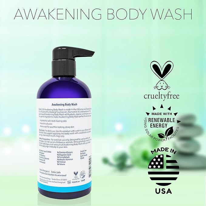 PURA D'OR Awakening Body Wash (16oz x2 = 32oz) Aloe Vera, Chamomile, Lavender, Tea Tree for Invigorating Earthy Scent, pH Balanced for Moisturized Soft, Fresh-Feeling Skin, All Skin Types, Men & Women