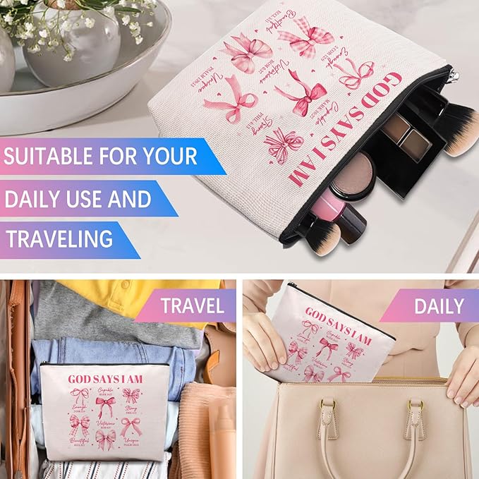 God Says I Am Makeup Bag, Pink Coquette Bow Bible Verse Cosmetic Bag, Inspirational Christian Gifts for Women, Religious Faith Based Gifts Inspirational Affirmations Gift Bag