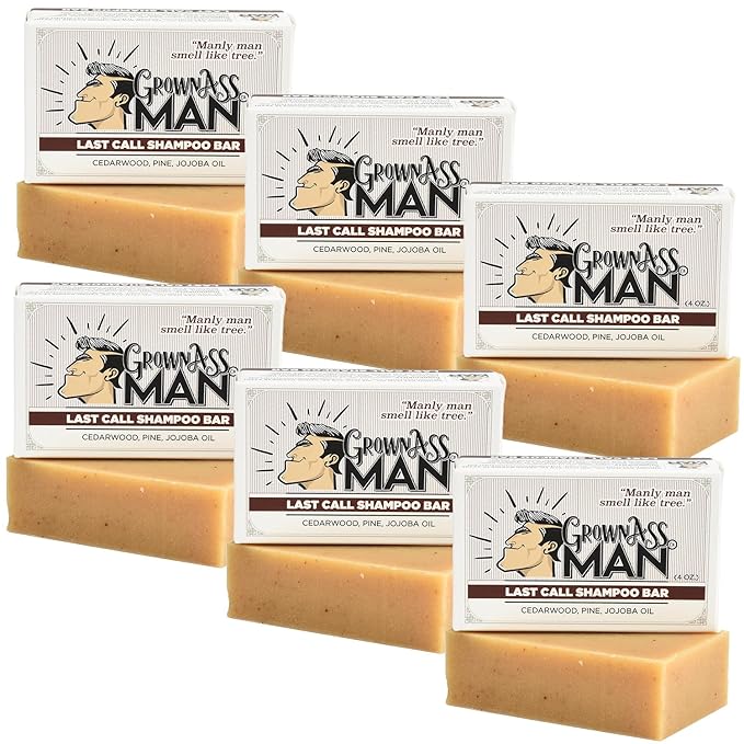 Grown Ass Man Co. - Solid Shampoo Bar Rich Lather 3 in 1: Hair, Beard & Body Wash - Plastic Free & Eco-Friendly, Natural & Organic Clean for All Hair Types, 4oz Bar (Last Call, 6-Pack)