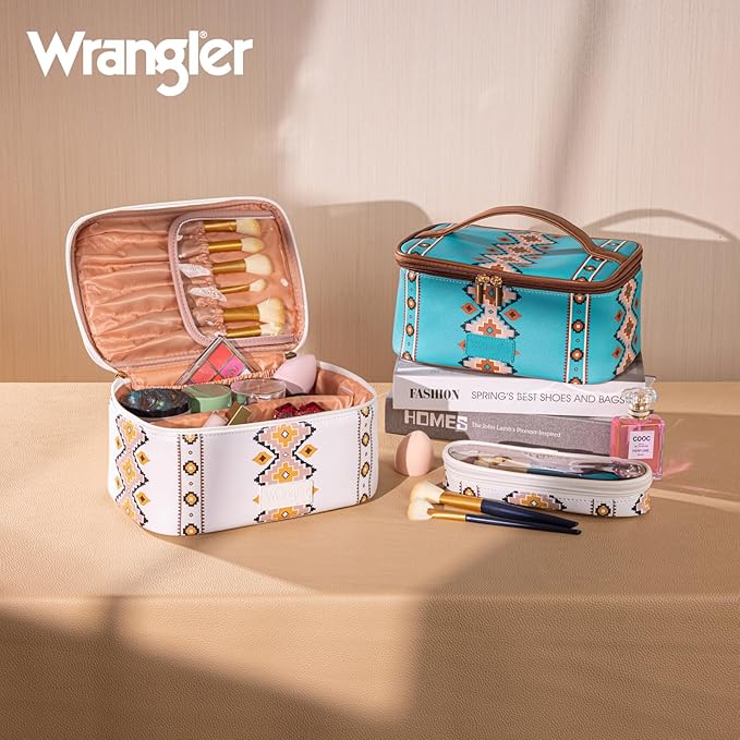 Montana West X Wrangler Travel Makeup Bag 2pcs Set Large Cosmetic Bag with Makeup Brush Holder Portable Make Up Organizer Cute Toiletry Bag with Divider and Handle for Women Aztec