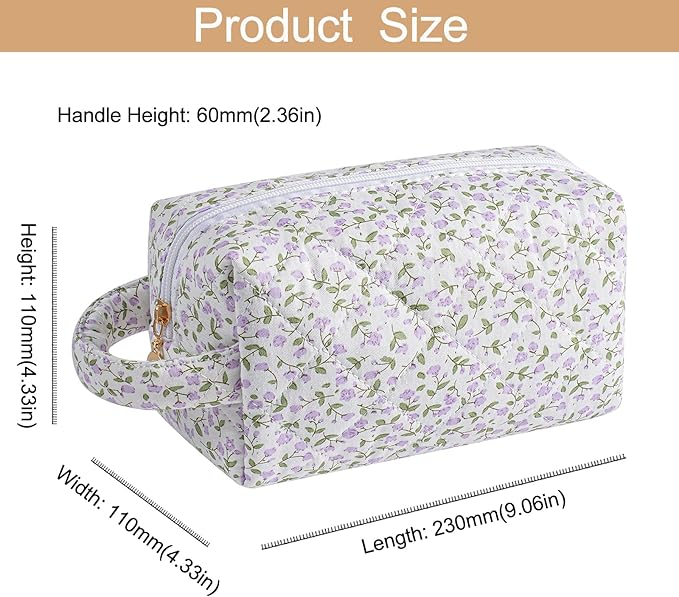Makeup Bag Travel Cosmetic Bag for Women, Zipper Make Up Pouch, Floral Flowers Toiletry Organizer Makeup with Handle, Cosmetic Travel Cloth Bag (Purple Floral)