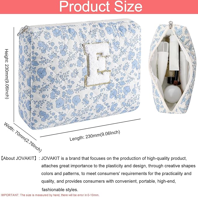 JOVAKIT Alphabet Makeup Bag Cosmetic Bag for Women, Christmas Gifts for Girls Age 6-18, Floral Flowers Coquette Travel Toiletry Zipper Make Up Pouch Organizer Trendy Stuff (2Pcs Blue Floral E)