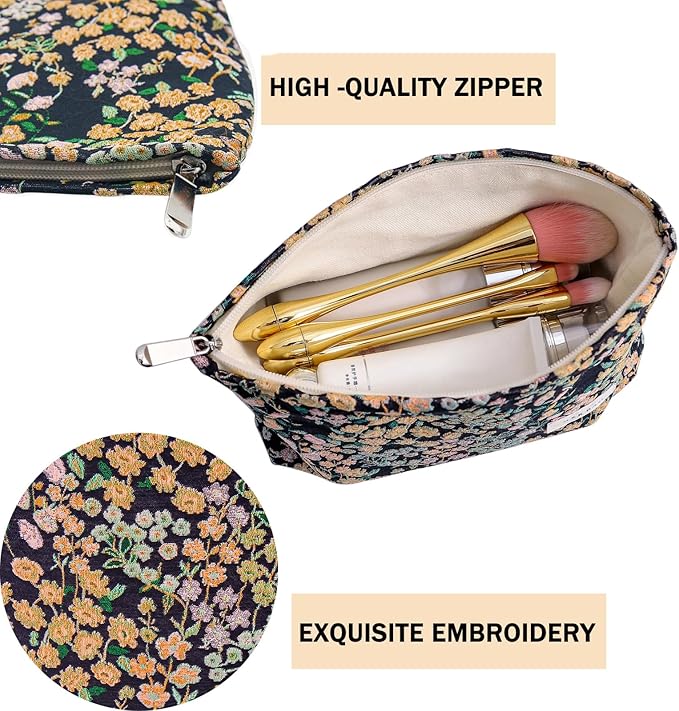 2 Pcs Makeup Bags, Large Cosmetic Bag Travel Toiletry Bag Organizer for Women, Embroidery Craft, Floral Makeup Bag Small Cosmetic Pouch Purse with Zipper Gifts for Girls Teen