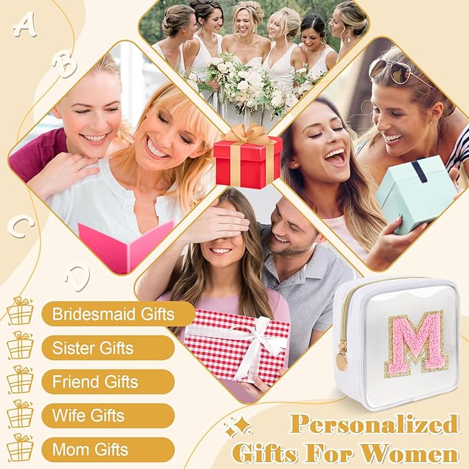 Personalized Initial Letter Clear Preppy Makeup Bag,Mini Nylon Chenille Letter Cosmetic Bag Cute Zipper Pouch Purse for Teen Girls,Portable TSA Approved Beach Travel Essentials Bag Gift for Women,M