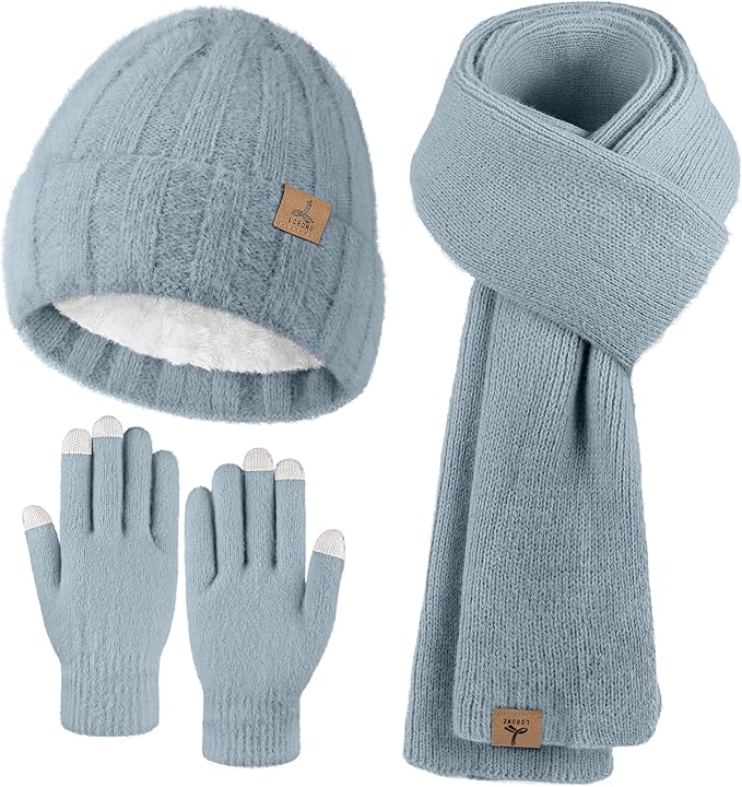 Winter Beanie Hat Scarf Gloves, Warm Fleece Knit Hat Long Scarf Neck Warmer Touch Screen Winter Gloves Set Gifts for Women
