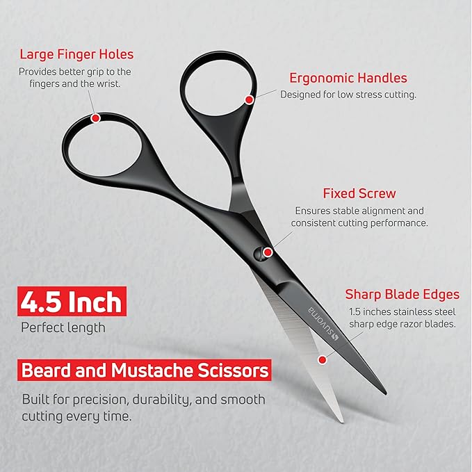 Suvorna Premium Beard & Mustache Set with Beard scissors for men, Straight Razor with blades- Facial Hair/Nose/Eyebrow Scissors - Slant Tweezers (6 Pcs Black)