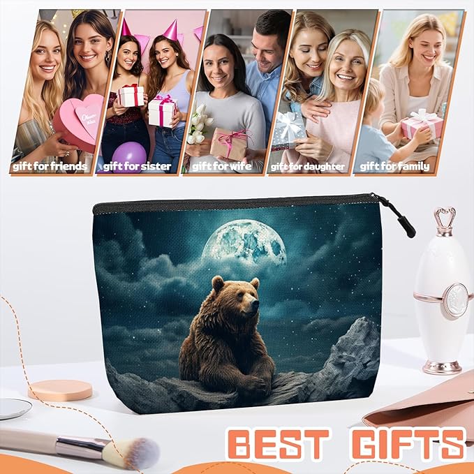 Cosmetic Bags Travel Makeup Toilet Case Waterproof Pouch for Women Girls 6.7X9.45inches - Brown Bear on Rock Under A Starry Sky And Moon
