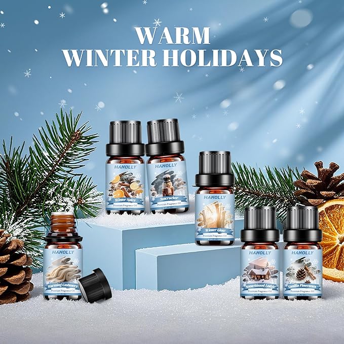 Winter Fragrance Oil Set, 6 Premium Holiday Essential Oils Set for Diffuser, Candle Making - Winter Spice, Winter Glow, Nutcracker, Warming Cashmere, Vanilla Pinecones, Snowkissed Lodge Scented Oil