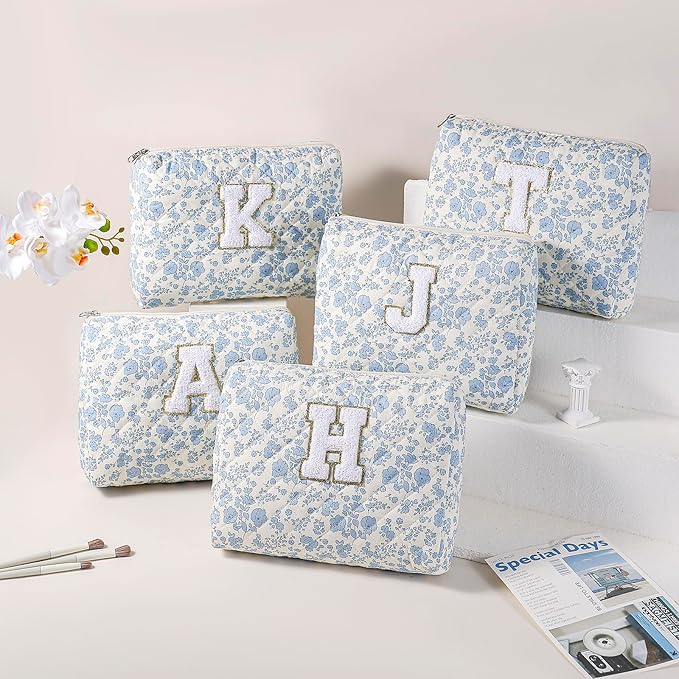 Alphabet Makeup Bag Cosmetic Bag for Women, Christmas Gifts for Age 11-18, Personalized Floral Coquette Travel Bag, Trendy Stuff Zipper Make Up Pouch Organizer Bag (Blue Floral J)