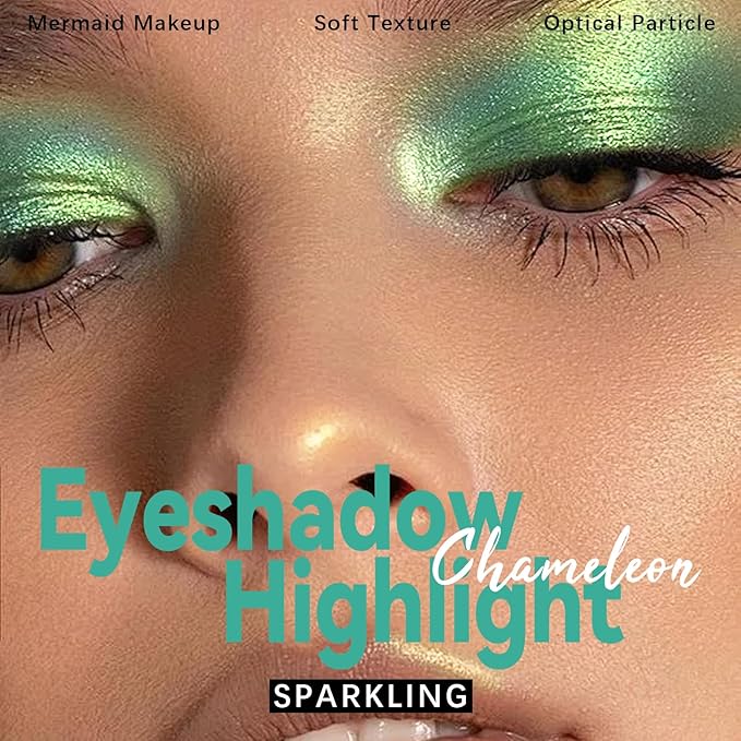 Duochrome Green Yellow Glitter Eyeshadow Stick, Color Shift Shimmer Chameleon Metallic Eye Shadow Brightener Pencil, Silky Smooth Iridescent Sparkle Inner Corner Eye Highlighter Fairy Makeup