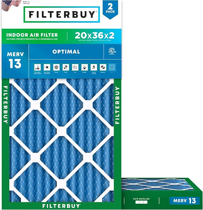 Filterbuy 20x36x2 Air Filter MERV 13 Optimal Smoke & Allergy Defense, by Filterbuy