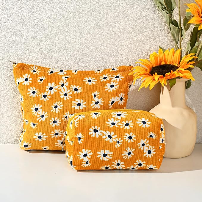 SOIDRAM 2 Pieces Flower Makeup Bag Large Cosmetic Bag Capacity Canvas Mix Travel Toiletry Bag Organizer Cute Makeup Brushes Aesthetic Accessories Storage Bag for Women,Little Flower Mix Yellow