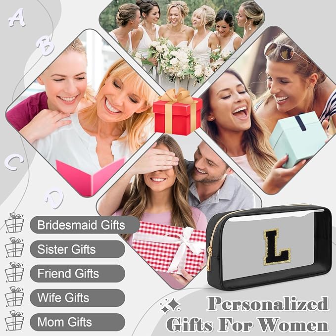 Personalized Initial Letter Clear Makeup Bag,Preppy Small Nylon&PVC Cosmetic Zipper Bag with Chenille Letter,Travel Skincare Toiletry Bag,Monogram Christmas Gift for Teen Girls Women,L