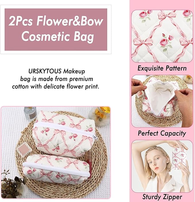 2Pcs Cotton Quilted Makeup Bag for Women Girls Coquette Cosmetic Bag Cute Zipper Pink Bow Pencil Pouch Aesthetic Portable Travel Toiletry Bag Trendy Essentials Skincare Makeup Brush Pouch