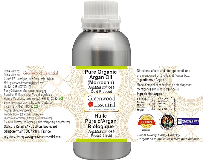 Greenwood Essential Pure Organic Argan (Moroccan) Oil (Argania spinosa) Cold Pressed 630ml (21 oz)