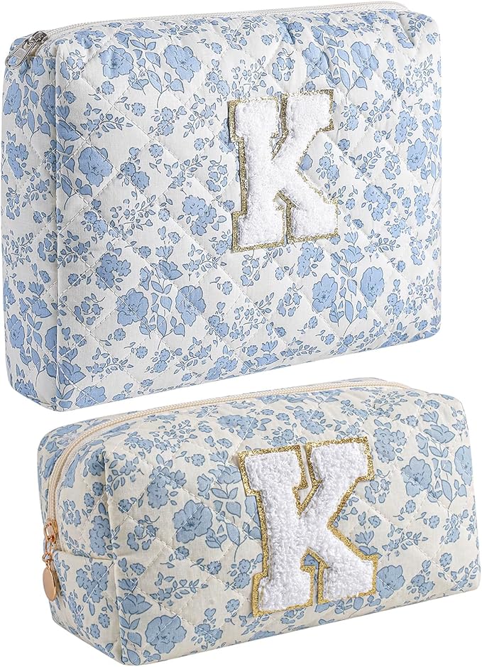 JOVAKIT Alphabet Makeup Bag Cosmetic Bag for Women, Christmas Gifts for Girls Age 6-18, Floral Flowers Coquette Travel Toiletry Zipper Make Up Pouch Organizer Trendy Stuff (2Pcs Blue Floral K)