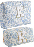 JOVAKIT Alphabet Makeup Bag Cosmetic Bag for Women, Christmas Gifts for Girls Age 6-18, Floral Flowers Coquette Travel Toiletry Zipper Make Up Pouch Organizer Trendy Stuff (2Pcs Blue Floral K)
